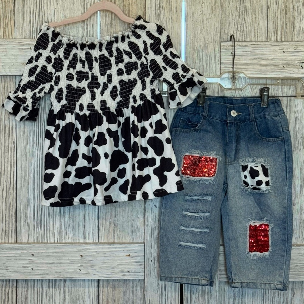 Kids Cow Print Top and Denim Set
